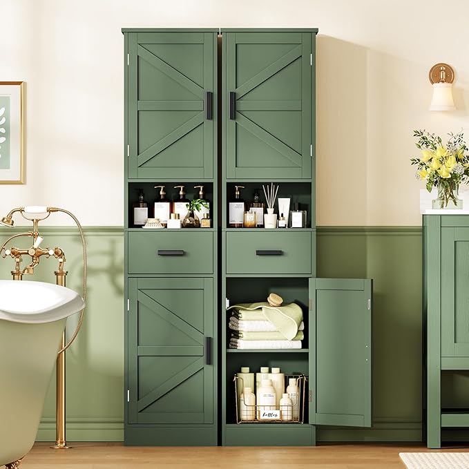 TEENFON 67" H Tall Bathroom Storage Cabinet with Barn Doors and Drawer, Narrow Bathroom Cabinet, Narrow Storage Unit, Adjustable Shelves, Floor Cabinets for Living Room, Forest Green UNSNG091V
