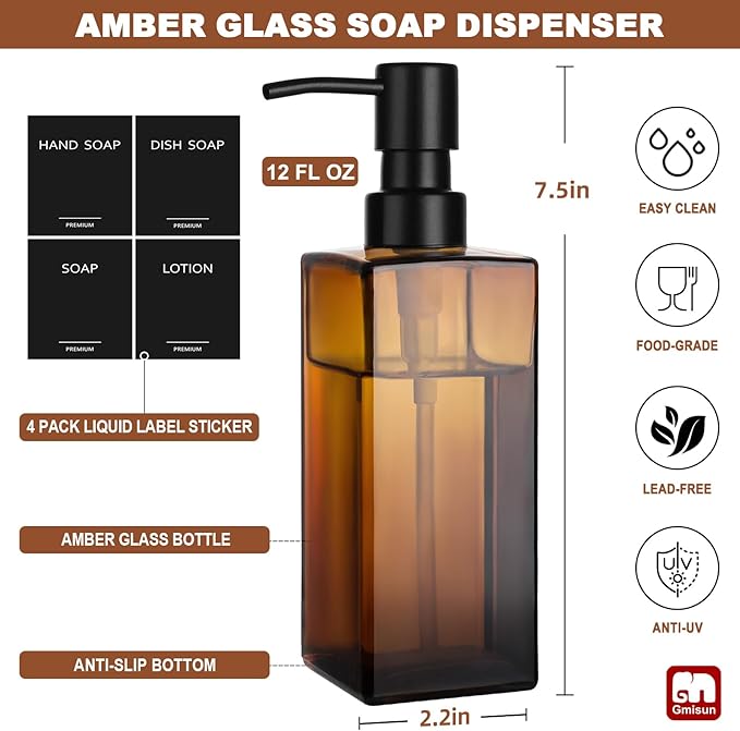 GMISUN Amber Glass Soap Dispenser, Hand Soap Dispenser with Stainless Steel Pump for Bathroom, 12 fl oz/350ml Refillable Dish Dispensers for Kitchen, Modern Liquid Lotion Bottles for Countertop
