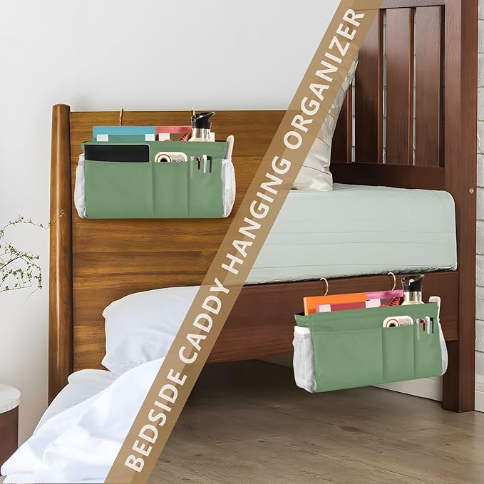 KOPIRIT Blue Gray Bedside Caddy Storage Bag Bedside Organizer for College Dorm Top Bunk Bed Hanging Bag Bedside Shelf 6 Pockets with Hooks for Drinks Magazine Phone Holder