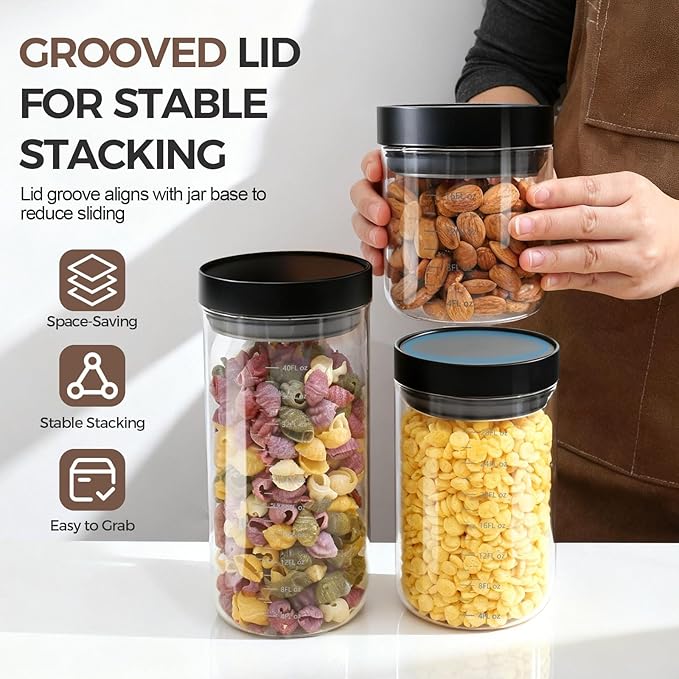Danbark Set of 6 18oz Airtight Glass Storage Canisters with Lids - Pantry Organizers and Storage Glass for Kitchen - for Pantry, Flour, Sugar, Coffee, Tea, Pasta, Rice, and Snacks - Black