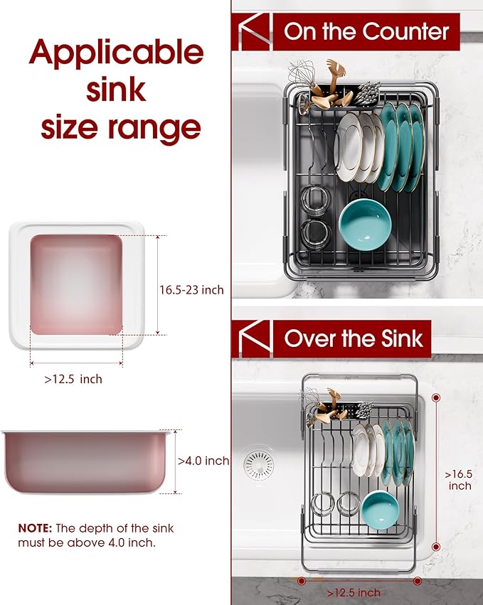 Extendable Dish Drying Rack Over Sink with Dish Drainer, Sink Organization and Storage Essentials with Silverware & Utensil Holder, Home and Apartment Decor, 12" W x 16.1~23" L, Silver
