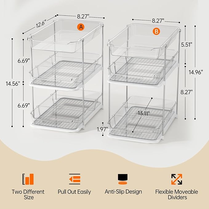 LAMU 2 Pack Bathroom Organizers and Storage, 3-Tier Stackable Under Sink Storage with Pull-Out Drawers & Dividers, Medicine Cabinet Organizer for Kitchen Pantry Organization | 2 Pack, Stackable, Pull-Out Drawers, Dividers