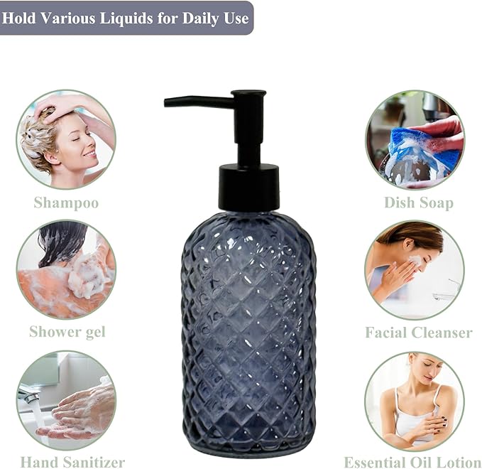 Glass Dish Soap Dispenser for Kitchen, 13.5oz Refillable Liquid Hand Soap Dispenser Set, Crystal Lotion Bottle for Modern Home Decor, Bathroom Countertop, Hotel(Blue Grey)