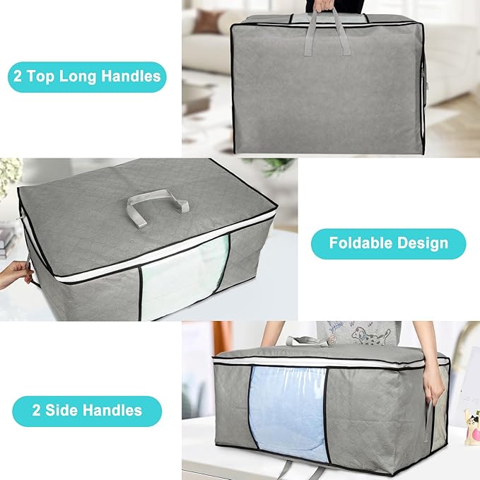 8Pack 105L Extra Large Blanket Comforter Storage Bags, Foldable Storage Bags for King Comforter Bedding Pillow Sheet Clothes with Handles Zippers Clear Window Closet Organizers and Storages, Grey