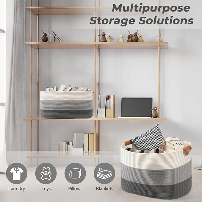 danpinera Rectangle Blanket Storage Basket, 50L Large Decorative Basket Living Room, Storage Bin with Handle, Woven Rope Hamper for Toy Organizing & Laundry, 18.11’’*14.17’’*11.81’’ Gradient Grey