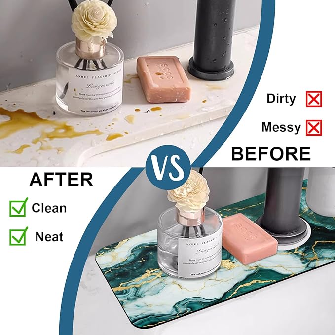 Green Marble Sink Faucet Absorbing Mat Liquid Gold Marble Super Absorbent Fast Drying Mat Sink Gadgets Behind Faucet Sinkmat for Kitchen Bathroom, 15.5"x5.5"