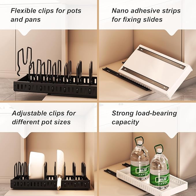 Pots and Pans Organizer Under Cabinet 2 Pack, Pull-Out Cabinet Organizer for Pot Lids, Bakeware, Dishes, 8 Adjustable Dividers (Black