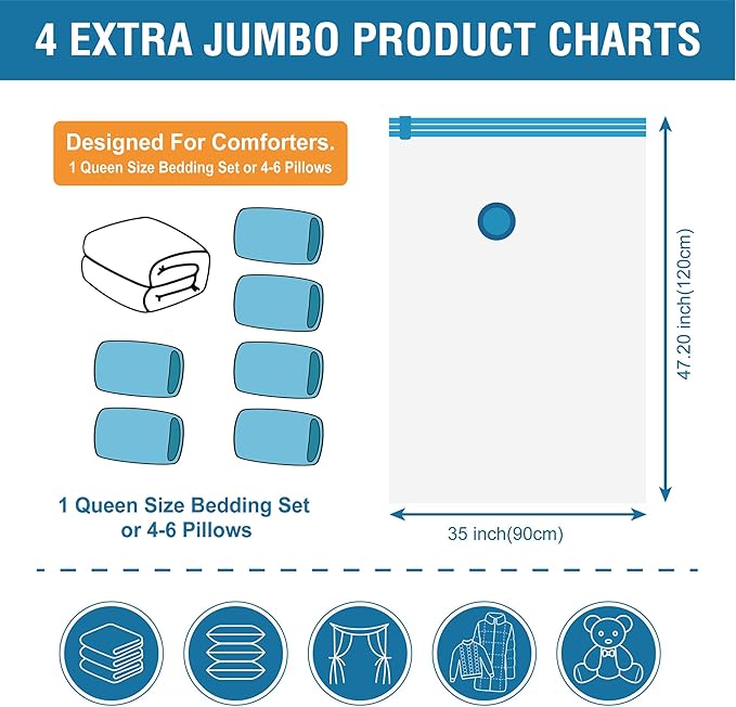 Cozy Essential 4 Pack XXL Jumbo Vacuum Storage Bags, Extra Large Vacuum Seal Bags for Comforters, Bedding, Blanket Storage, Giant Space Saver Bags for Huge Stuffed Toy(47.2x35 in)