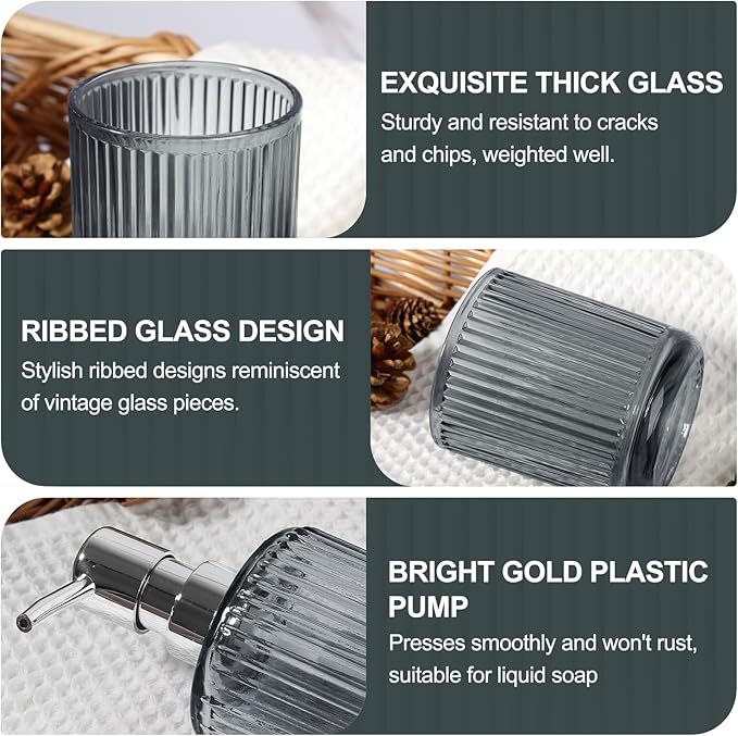 Gray Glass Bathroom Accessories 4 Pcs, Grey Bathroom Set, Soap Dispenser and Toothbrush Holder Set, Qtip Holder Set, Vintage Bathroom Sink Set, Modern Bathroom Decor