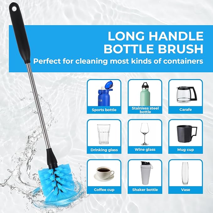 5 Pack Bottle Cleaner Brush, 15 Inches Stainless Steel Long Handle Baby Bottle Scrub Cleaning Brushes with Straw Cleaner Brush for Sports Water Bottle, Cups, Coffee Mugs, Glasswares
