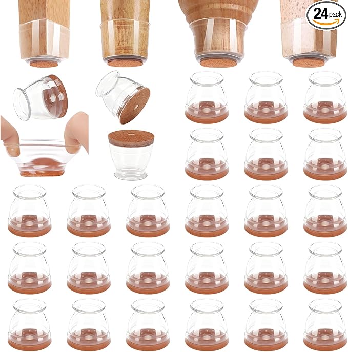CHUNZEXI 24 Pack Chair Leg Floor Protectors for Hardwood Floors, Silicone Felt Covers Pads Caps, Protect Wood Furniture Feet Floors Noise Reduce and Scratch (Universal Small & Clear)