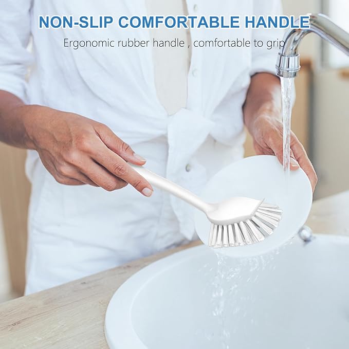 SetSail Dish Brush with Handle, 2 Pack Stiff Bristles Dish Scrubber with Built-in Scraper Dish Scrub Brushes for Cleaning Dishes, Pots and Pans, Kitchen Sink, Grey