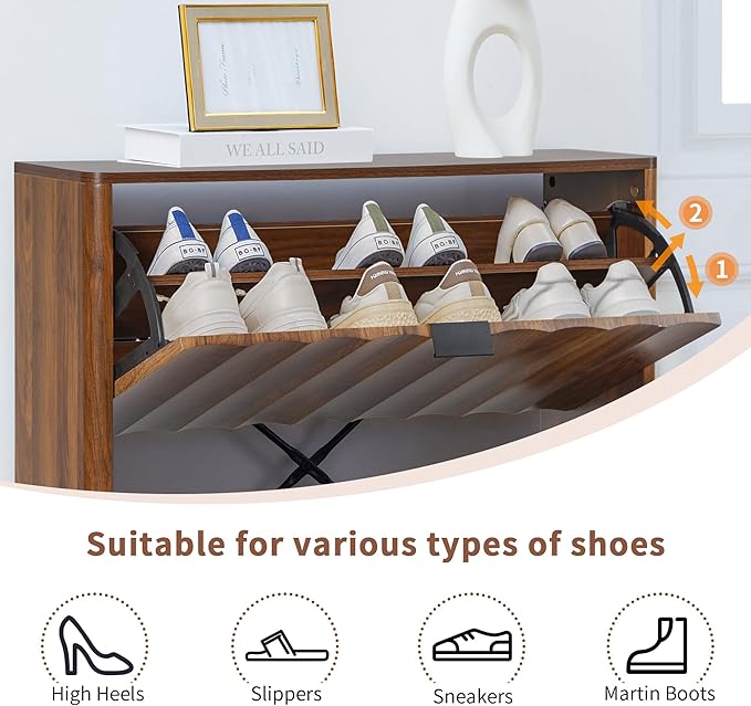 Bifins 31.5” Fluted Shoe Cabinet Storage with 2 Flip Drawers,Narrow Freestanding Shoe Storage Organizer,Slim Shoe Rack Cabinet for Entryway,Hallway (Walnut)