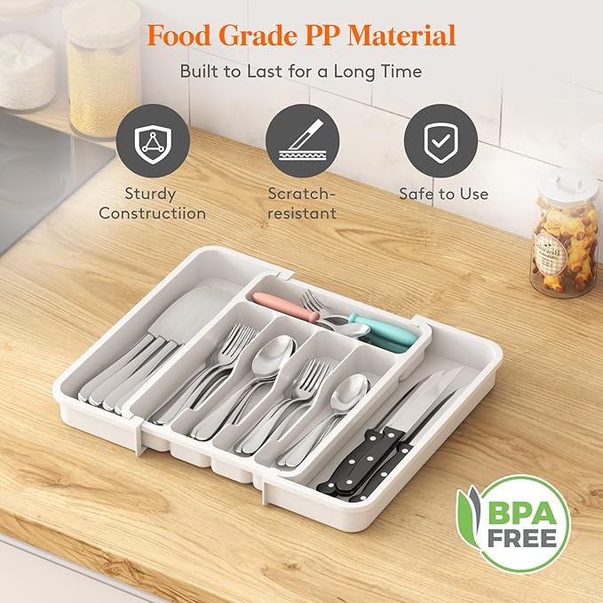 Lifewit Silverware Drawer Organizer, Expandable Utensil Tray for Kitchen, BPA Free Flatware and Cutlery Holder, Adjustable Plastic Storage for Spoons Forks Knives, 8.9-14.7 x 12.2", White
