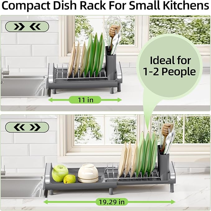 TOOLF Small Dish Drying Rack, Mini Expandable Compact Dish Rack, Slim Extendable Stainless Steel Dish Drainer for Kitchen Plate Storage, Space Saving Dish Strainer in Sink or on Home Countertop, Gray