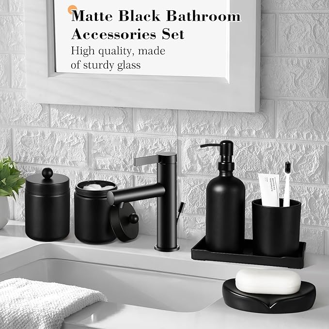Black Bathroom Accessories Set, 7 Pcs Matte Black Bathroom Accessory Set with Trash Can, Soap Dispenser, Toothbrush Holder, Soap Dish, Vanity Tray, Qtip Holder, Modern Bathroom Sets Complete Decor