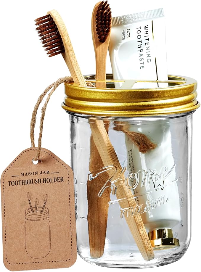 SheeChung Mason Jar Toothbrush Holders, Glass Toothbrush Holders for Bathroom, Bathroom Essentials, Mason Jar Bathroom Accessories Set, Bathroom Countertop Organizer-Gold