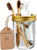 SheeChung Mason Jar Toothbrush Holders, Glass Toothbrush Holders for Bathroom, Bathroom Essentials, Mason Jar Bathroom Accessories Set, Bathroom Countertop Organizer-Gold