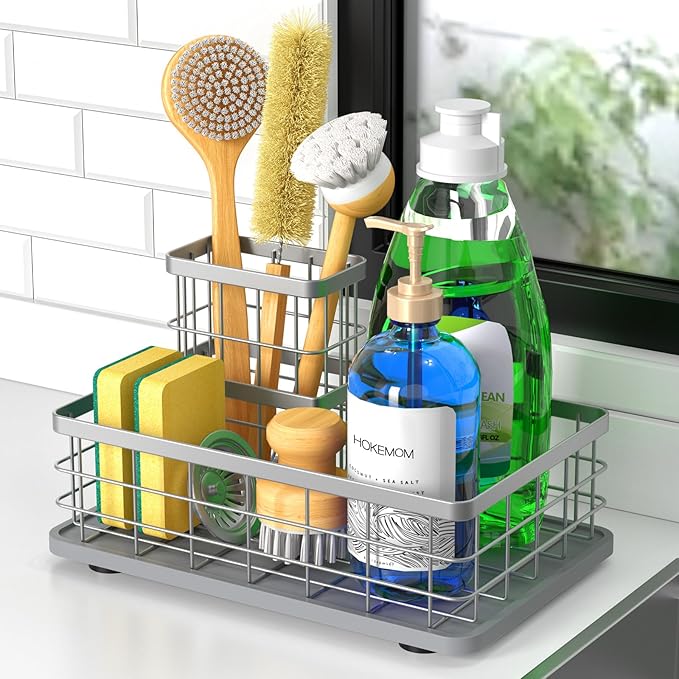 EXTRA LARGE Kitchen Sink Caddy Organizer, [FLEXIBLE PLACEMENT & FAST-DRYING] Sponge Holder for Kitchen Sink Countertop,Stainless Steel with Rust-Resistant Coating-10.24" L x 6.5" W x 5.83" H