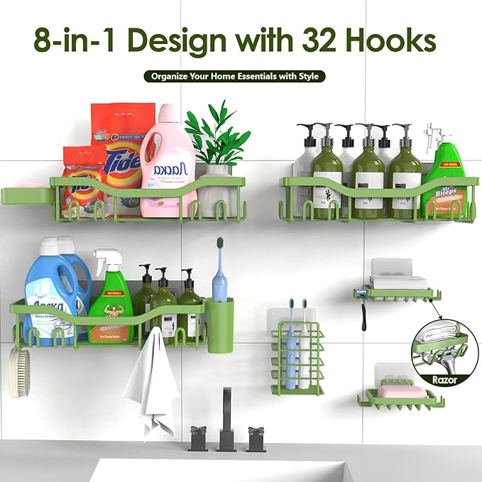 Shower Caddy Adhesive Shower Organizer 8-Pack, Rustproof Stainless Steel Bathroom Shelves, Large Capacity No-Drill Rack Storage Accessories with Soap Dish Toothbrush Holder Hooks