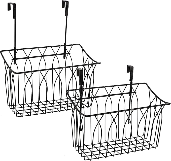 TOPZEA 2 Pack Grid Storage Baskets with Hooks, Metal Hanging Wire Basket Kitchen Over the Cabinet Door Organizer Caddy for Cutting Board, Kitchen Wrap, Foil, Cleaning Supplies, Bakeware, Towel