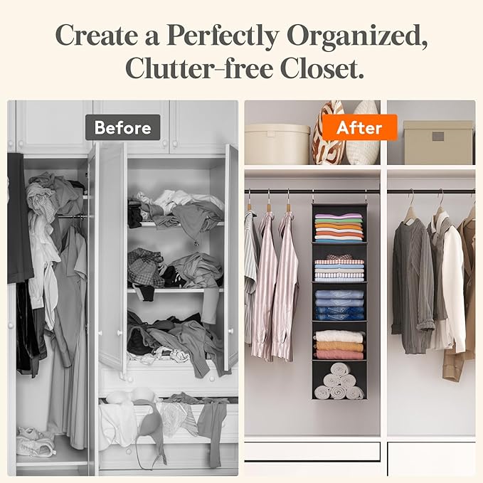Lifewit 5 Tier Hanging Closet Organizer and Storage for Shelves, Foldable Clothes Storage Shelf with 2 Sturdy Hooks for Clothing Organization, Dorm Room Essentials for Guys, Gray