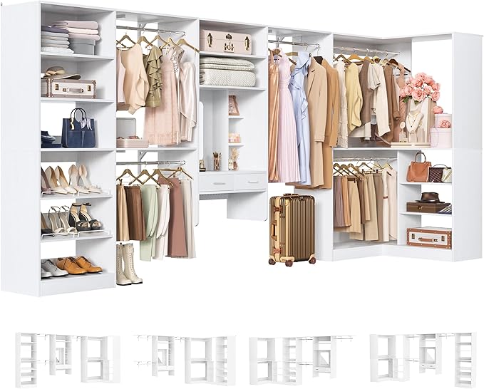 Unikito Closet System with Vanity Desk, 156”Modular Corner Closet Organizer System with Hanging Rods & Adjustable Shelves, Freestanding Wood Wardrobe Organizer, Sturdy Walk in Closet Tower, White