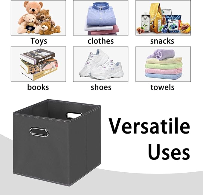 Black Foldable Storage Cubes Bins , Fabric Storage Box Cubes Organizer Baskets with Dual Handles for Home Organizer(Grey)