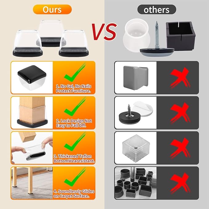 Ezprotekt 24 Pcs Chair Sliders for Carpet, Square Chair Glides for Carpet, Carpet Teflon Furniture Sliders Pads, Chair Leg Protectors Caps for Carpet - for Dining Table Chair, Black XL(Fit: 1.5"-2")