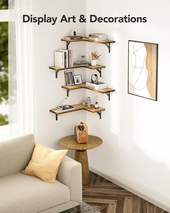 AMADA HOMEFURNISHING Corner Floating Shelves, Set of 4 Corner Shelf Wall Mounted, Shelves for Wall Decor, Corner Wood Shelf for Home Decor, Office, Bedroom, Bathroom, Laundry Room, Kitchen