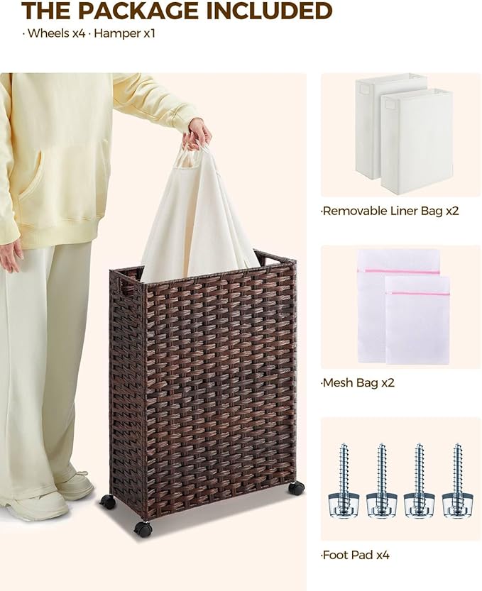 Greenstell Laundry Hamper with Wheels, 17.4 Gallon (66L) Slim Laundry Basket with 2 Removable Liner Bags & 2 Mesh Bags, Narrow Rattan Clothes Hamper for Bedroom, Laundry Room, Bathroom, Brown