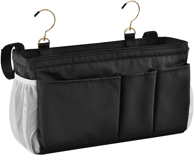KOPIRIT Black Bedside Caddy Storage Bag Bedside Organizer for Bed Rails College Dorm Room Organizer Caddy Hanging Shelf 6 Pockets with Hooks for Drinks Magazine Phone Holder
