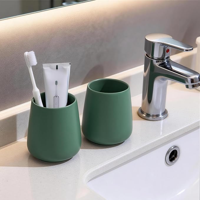 Green Toothbrush Holder for Bathroom - Ceramic Tooth Brushing Holders, Toothbrush Cup, Toothpaste Organizer for Bathroom Countertop, Makeup Brush Holder, Pen Holder for Home Desktop Storage