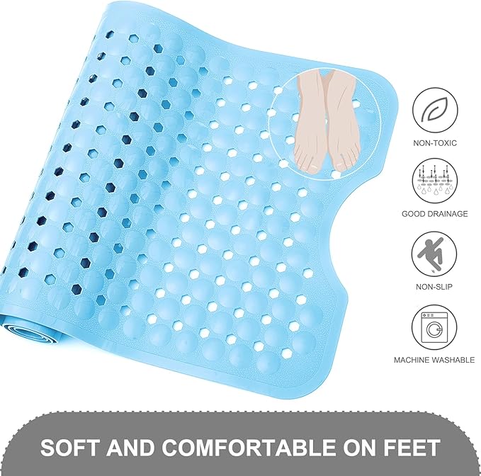 Bath Tub Shower Mat, Non Slip Bathtub Floor Liner Mats with Suction Cups and Drain Holes, Machine Washable Bathmat for Bathroom Floor Safety, 40 x 16 Inch, Sky Blue