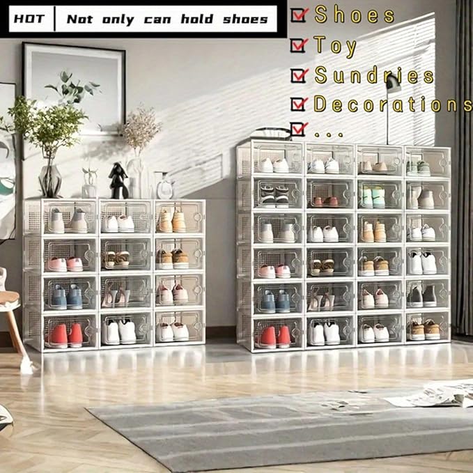 12 piece double frame transparent shoe box; Stackable plastic box shoe storage artifact; Foldable shoe box dormitory space saving shoe rack