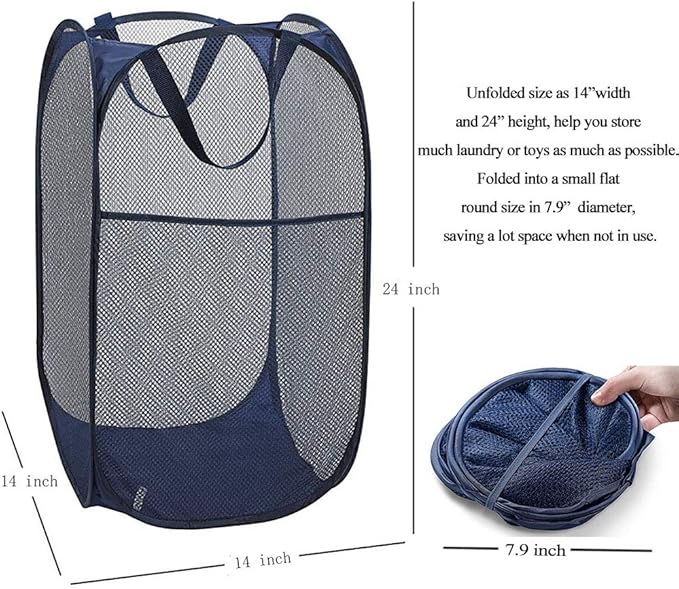Larpur Popup Mesh Laundry Basket, Collapsible and Portable Clothes Washing Laundry Hamper with Reinforced Carry Handle (Blue*2)
