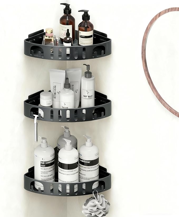Adhesive Corner Shower Shelf No Drill | Rust-Proof Aluminum Alloy Stick On Bathroom Organizer with Shaving Holder for Shampoo, Conditioner, Soap, Razors Grey 3 Pack