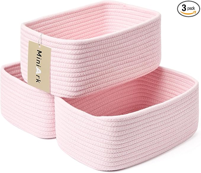 Small Storage Baskets for Organizing | Closet Organizer Bins | Shelf Toy Basket | Woven Rope Baskets | Cube Decorative Box | Shallow Basket | 11.5x7.5x4.7” | 3 Packs Light Pink