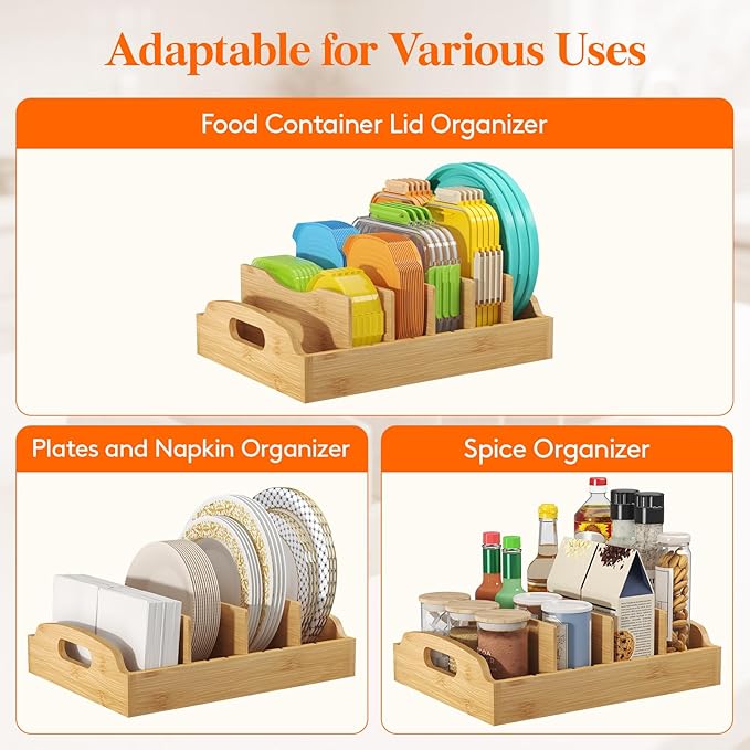 Lifewit Bamboo Lid Organizers for Inside Cabinet, Food Storage Container Lid Holder with 5 adjustable Inserts & 6 Compartments, Lid Storage for Kitchen Pantry Organization, 13.2" X 10"