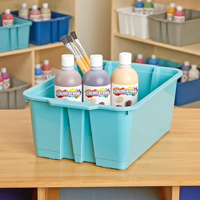 Really Good Stuff Stacking Bins, 14" x 10" x 5 .75" - 6 Pack, Water, Stackable Storage Plastic Bins for Classroom Organization, Home Storage, Office & Hospital Supplies