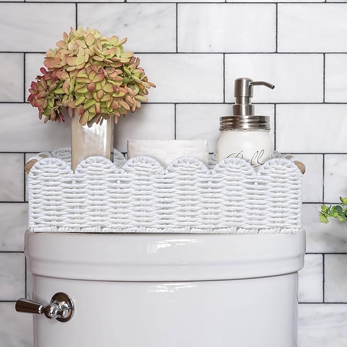 CubesLand Scalloped Edge Toilet Paper Storage Basket, Living Room Home Cozy Decor Basket, Paper Rope Small Baskets for Over Toilet Storage Shelf, End Table, Shelves, with 2 Wooden Handles, White