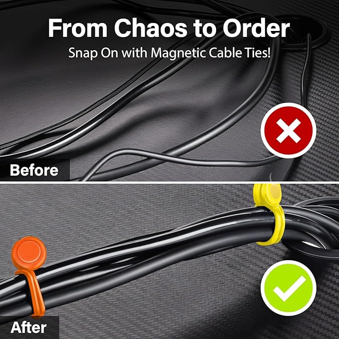 Magnetic Cable Ties, 50 Pack – Reusable Silicone Snap-On Multi-Purpose Cord Organizer for Bundling Cables and Wires at Home, Office or Travel, 7.5 in, Assorted Colors