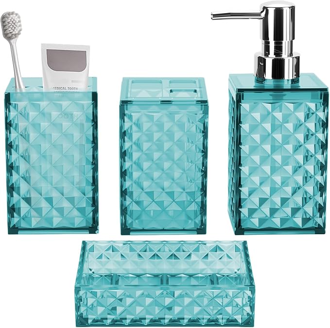 Bathroom Accessory Set, Grid Pattern 4 Pcs Plastic Bathroom Set Include Soap Dispenser, Soap Dish, Toothbrush Holder, Mousewash Cup, Modern Bahtroom Décor Set(Light Blue)