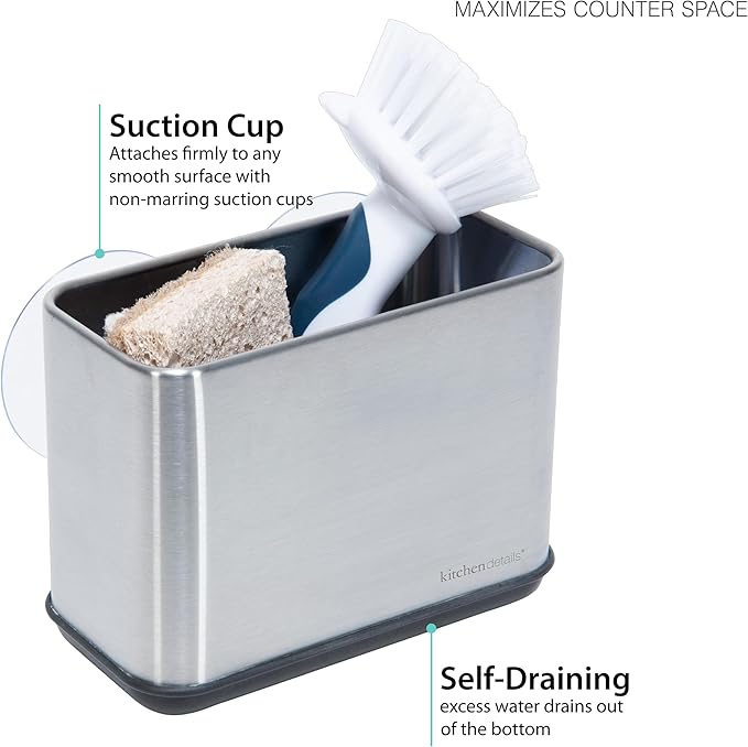 Kitchen Details Cup Sponge Holder/Basket, Space-Saving, Perfect for Kitchen or Bathroom, Sleek, in Stainless Steel Suction Sink Caddy (4192-SS)