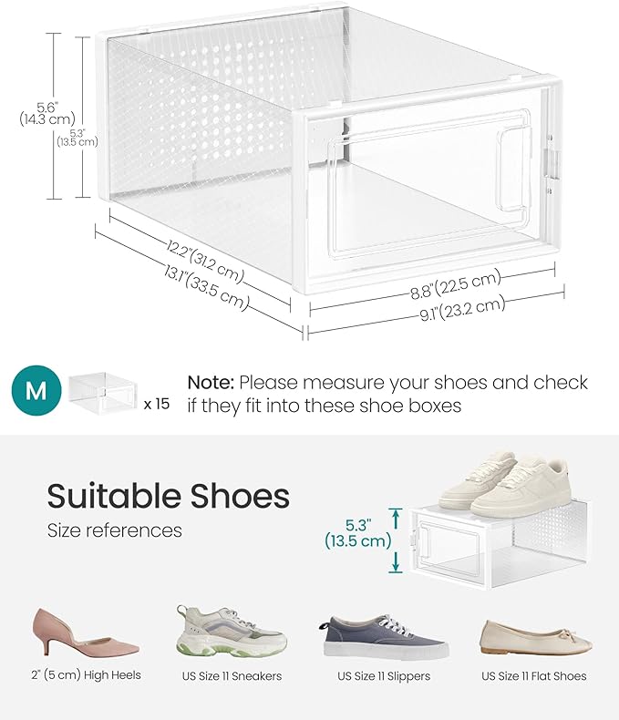 SONGMICS Shoe Boxes, Pack of 15 Shoe Storage Organizers, Stackable Clear Plastic Boxes for Closet, Sneakers, 13.1 x 9.1 x 5.6 Inches, Transparent and White ULSP015W02