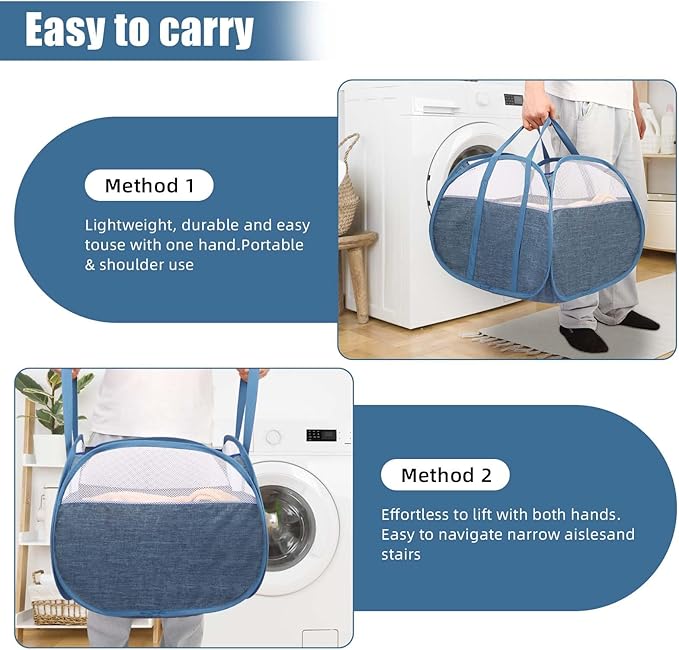 Collapsible Laundry Baskets, Tear Proof Pop Up Laundry Hamper with Large Capacity, Sturdy Foldable Laundry Basket, Easy to Carry Laundry Hamper for Home, Laundry Room, Bedroom, Dorm, Travel Blue
