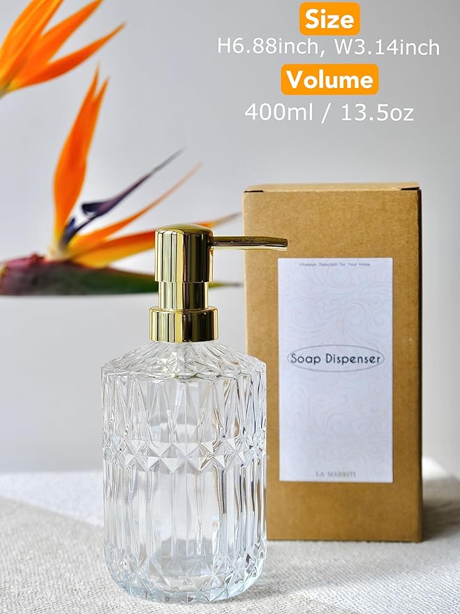 Glass Soap Dispenser with Rust Proof Pump, 13.5 Oz Clear Refillable Hand Lotion Dispenser for Bathroom Countertop and Kitchen, Crystal Vintage Bathroom Accessories, Bathroom Decor