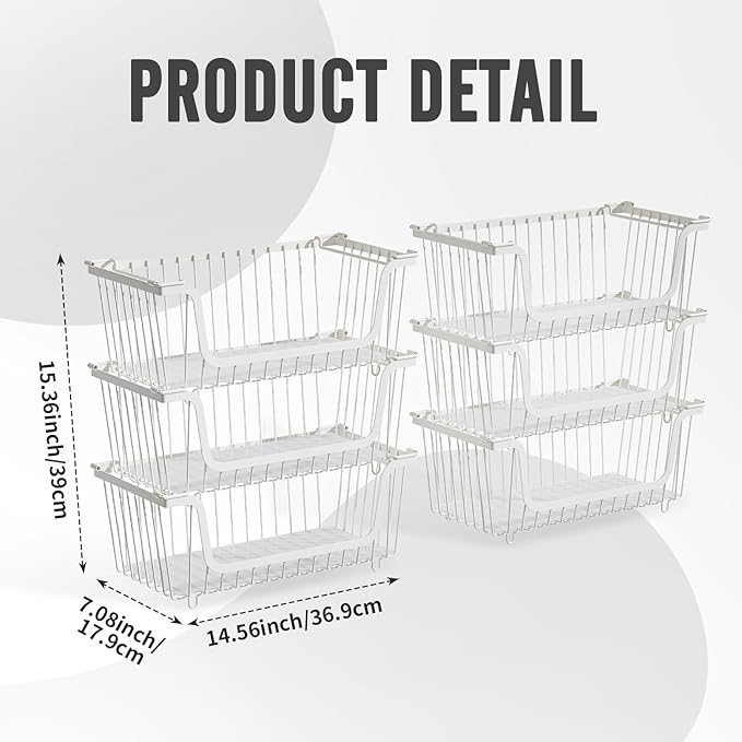 6 Pcs Stackable Wire Baskets for Pantry Organizers and Storage,Vegetable Fruit Basket for Countertop,Kitchen Storage Metal Baskets,Produce Potato Onion Storage Bin,White