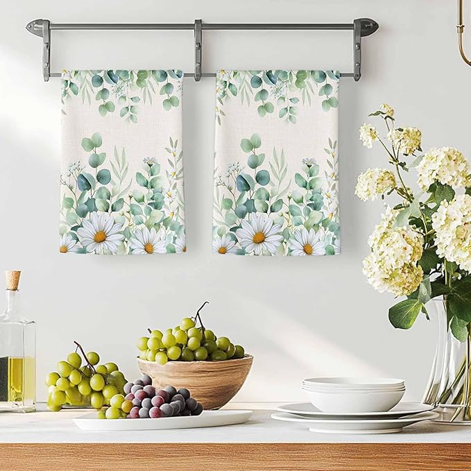 Kitchen Towels Set of 2, Green Eucalyptus Leaves Soft Microfiber Dish Towels, Daisy Summer Botanical Watercolor Absorbent Washable Dishcloths for Kitchen Cleaning, Drying Dishes, 18x28 Inches