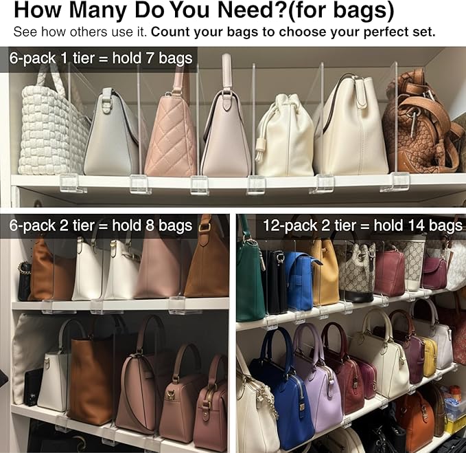 Shelf Dividers Purse Organizer for Closet: 6-inch Tall(Shorter Version) Acrylic Handbag Organizer - Small Space Separator for Clutches Evening Bags Pouches Mini-Bags on Wood Shelves 6-Pack